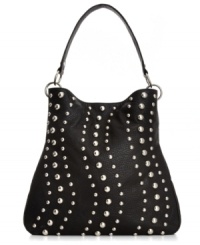 Get sassy in studs. Multi-size shiny silver-tone studs decorates this Carlos by Carlos Santana hobo for a scene-stealing rocker-chic look. Get sassy in studs. Multi-size shiny silver-tone studs decorates this Carlos by Carlos Santana hobo for a scene-stealing rocker-chic look.