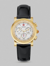 From the Sport Sail Collection. Sparkling diamond pavé and glossy patent leather create a sleek, modern time piece.Swiss quartz movement Water resistant to 5 ATM Diamond pavé bezel, 0.46 tcw Gold plated round case, 38mm, (1.49) Sapphire crystal White chronograph dial Index hour markers Second hand Patent leather strap, 20mm, (.79) Imported From the Sport Sail Collection. Sparkling diamond pavé and glossy patent leather create a sleek, modern time piece.Swiss quartz movement Water resistant to 5 ATM Diamond pavé bezel, 0.46 tcw Gold plated round case, 38mm, (1.49) Sapphire crystal White chronograph dial Index hour markers Second hand Patent leather strap, 20mm, (.79) Imported