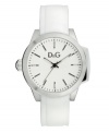 Keep the mood light with this bright watch by D&G. White silicone strap and round stainless steel case. White dial features applied silver tone stick indices, minute track, luminous hands and logo. Quartz movement. Water resistant to 30 meters. Three-year limited warranty.