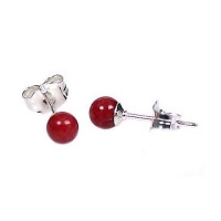 925 Sterling Silver 4mm Natural Italian Red Coral Ball Stud Post Earrings