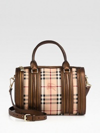 An iconic, haymarket check print on coated canvas accented with metallic leather and soft suede trim.Double leather top handles, 4½ dropDetachable adjustable leather shoulder strap, 19½-22½ dropTop zip closureOne inside zip pocketTwo inside open pocketsCotton lining12½W X 8½H X 6DImported An iconic, haymarket check print on coated canvas accented with metallic leather and soft suede trim.Double leather top handles, 4½ dropDetachable adjustable leather shoulder strap, 19½-22½ dropTop zip closureOne inside zip pocketTwo inside open pocketsCotton lining12½W X 8½H X 6DImported