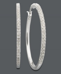 Get star-quality style with these dazzling hoops. Set in sterling silver, earrings feature a round-cut diamond-coated surface (1/4 ct. t.w.). Approximate diameter: 1-1/2 inches. Get star-quality style with these dazzling hoops. Set in sterling silver, earrings feature a round-cut diamond-coated surface (1/4 ct. t.w.). Approximate diameter: 1-1/2 inches.