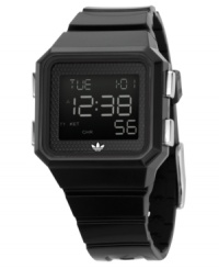 Sporty style with fantastic multifunctionality. This unisex adidas watch features a black polyurethane strap and square polycarbonate case. Logo at bezel. Digital chronograph dial with 10-lap memory, timer and alarm. Water resistant to 50 meters. Two-year warranty. Sporty style with fantastic multifunctionality. This unisex adidas watch features a black polyurethane strap and square polycarbonate case. Logo at bezel. Digital chronograph dial with 10-lap memory, timer and alarm. Water resistant to 50 meters. Two-year warranty.
