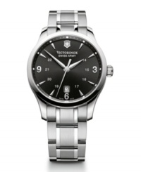 Align yourself with distinguished design. Alliance watch by Victorinox Swiss Army crafted of stainless steel bracelet and round case with anti-reflective triple-coated sapphire crystal. Black dial features applied silver tone numerals and stick indices, minute track, military time, date window at six o'clock, three hands and logo. Swiss quartz movement. Water resistant to 100 meters. Three-year limited warranty. Align yourself with distinguished design. Alliance watch by Victorinox Swiss Army crafted of stainless steel bracelet and round case with anti-reflective triple-coated sapphire crystal. Black dial features applied silver tone numerals and stick indices, minute track, military time, date window at six o'clock, three hands and logo. Swiss quartz movement. Water resistant to 100 meters. Three-year limited warranty.