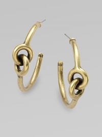 This unique hoop design features two inter-connected, antique-finished curved pieces for a simply chic style. BrassLength, about 1¼Post backImported This unique hoop design features two inter-connected, antique-finished curved pieces for a simply chic style. BrassLength, about 1¼Post backImported