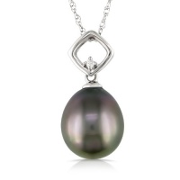 10k White Gold Black Tahitian Cultured Pearl with Diamond Accent Pendant Necklace (0.01 cttw, H-I Color, I2-I3 Clarity), 17 10k White Gold Black Tahitian Cultured Pearl with Diamond Accent Pendant Necklace (0.01 cttw, H-I Color, I2-I3 Clarity), 17