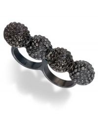 Have yourself a ball, twice over, with this two-finger ring from Bar III. Crafted from hematite-tone mixed metal, the ring's crystal accents raise the bold factor even higher. Size 7, 8. Have yourself a ball, twice over, with this two-finger ring from Bar III. Crafted from hematite-tone mixed metal, the ring's crystal accents raise the bold factor even higher. Size 7, 8.