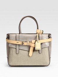 Burnished leather pairs with soft linen in this tailored silhouette, wrapped with a contrasting belt. Double top handles, 5½ dropTwo outside flap pocketsTwo inside zip pocketsTwo inside open pocketsCotton lining13¼W X 10¾H X 4DImported Burnished leather pairs with soft linen in this tailored silhouette, wrapped with a contrasting belt. Double top handles, 5½ dropTwo outside flap pocketsTwo inside zip pocketsTwo inside open pocketsCotton lining13¼W X 10¾H X 4DImported