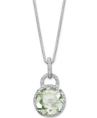 Treat yourself to a touch of luxury. A round-cut green quartz (3-1/3 ct. t.w.) surrounded by a halo of round-cut diamonds (1/4 ct. t.w.) adds the perfect pop of color and shine. Crafted in sterling silver. Approximate length: 18 inches. Approximate drop: 1/2 inch. Treat yourself to a touch of luxury. A round-cut green quartz (3-1/3 ct. t.w.) surrounded by a halo of round-cut diamonds (1/4 ct. t.w.) adds the perfect pop of color and shine. Crafted in sterling silver. Approximate length: 18 inches. Approximate drop: 1/2 inch.