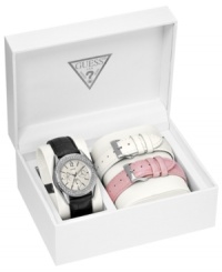 Change is going to come with this luxe chronograph watch set from GUESS. Change is going to come with this luxe chronograph watch set from GUESS.