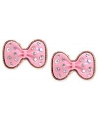Beautiful bows from Betsey Johnson. These stud earrings are crafted from gold-tone mixed metal with glass crystal accents providing a lustrous touch. Approximate drop: 1/2 inch. Beautiful bows from Betsey Johnson. These stud earrings are crafted from gold-tone mixed metal with glass crystal accents providing a lustrous touch. Approximate drop: 1/2 inch.