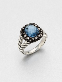 From the Moonlight Ice Collection. Brilliant diamonds set in blackened sterling silver surround a beautifully faceted blue topaz on a split sterling silver cable shank. Blue topazDiamonds, .21 tcwBlackened sterling silverSterling silver Width, about .39Imported From the Moonlight Ice Collection. Brilliant diamonds set in blackened sterling silver surround a beautifully faceted blue topaz on a split sterling silver cable shank. Blue topazDiamonds, .21 tcwBlackened sterling silverSterling silver Width, about .39Imported
