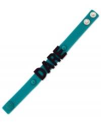 Dare to wear bold style. BCBGeneration's affirmation bracelet delivers a bold message while embracing style at the same time. Crafted from purple-tone mixed metal on a teal rubber bracelet. Approximate length: 8 inches. Dare to wear bold style. BCBGeneration's affirmation bracelet delivers a bold message while embracing style at the same time. Crafted from purple-tone mixed metal on a teal rubber bracelet. Approximate length: 8 inches.