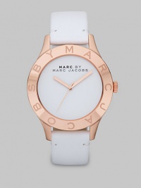A clean and sleek style in warm rose goldtone and supple, matte leather. Quartz movementWater resistant to 5 ATMRound rose goldtone ion-plated stainless steel case, 40mm (1.6) Logo engraved bezelWhite dialSecond hand White matte leather strapImported A clean and sleek style in warm rose goldtone and supple, matte leather. Quartz movementWater resistant to 5 ATMRound rose goldtone ion-plated stainless steel case, 40mm (1.6) Logo engraved bezelWhite dialSecond hand White matte leather strapImported