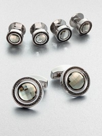 Small elements of sophistication that offer a polished style, defined by black diamond and swarovski crystal detail in rhodium-plated metal.DiamondsAbout ¾ diam.Made in the United Kingdom Small elements of sophistication that offer a polished style, defined by black diamond and swarovski crystal detail in rhodium-plated metal.DiamondsAbout ¾ diam.Made in the United Kingdom