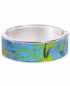 Channel the exoticism and energy of Brasil in Haskell's inspired skinny bangle. The Palm bangle features a blue and green palm leaf print design, set in silver tone mixed metal with a hinge clasp. Approximate diameter: 2-1/2 inches. Approximate length: 8 inches. Item comes packaged in a green gift box.