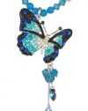 Wing Drop Butterfly Swarovski Elements Crystal Necklace W. 18k White Gold Plated Long Chain (Green and Blue)