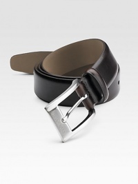 A smooth leather dress style finished with a polished brass buckle. About 1¼ wide Made in Italy A smooth leather dress style finished with a polished brass buckle. About 1¼ wide Made in Italy