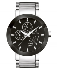 A distinct watch from Bulova, featuring bold contrast and luminous sheen. Silvertone stainless steel bracelet and round case. Round black dial with three subdials, logo and stick indices. Quartz movement. Water resistant to 30 meters. Three-year limited warranty.