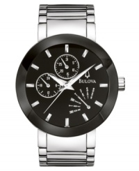 A distinct watch from Bulova, featuring bold contrast and luminous sheen. Silvertone stainless steel bracelet and round case. Round black dial with three subdials, logo and stick indices. Quartz movement. Water resistant to 30 meters. Three-year limited warranty. A distinct watch from Bulova, featuring bold contrast and luminous sheen. Silvertone stainless steel bracelet and round case. Round black dial with three subdials, logo and stick indices. Quartz movement. Water resistant to 30 meters. Three-year limited warranty.