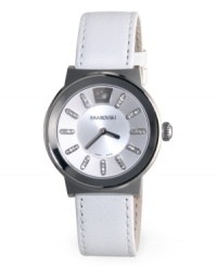 Dazzle them with this pristine Piazza watch by Swarovski. White leather strap and round stainless steel case. Silver tone dial features four crystal accents at each marker, logo at twelve o'clock and two silver tone hands. Swiss quartz movement. Water resistant to 30 meters. Two-year limited warranty. Dazzle them with this pristine Piazza watch by Swarovski. White leather strap and round stainless steel case. Silver tone dial features four crystal accents at each marker, logo at twelve o'clock and two silver tone hands. Swiss quartz movement. Water resistant to 30 meters. Two-year limited warranty.