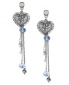Fall in love with Betsey Johnson. These drop earrings feature silver tone heart charms accented by dangling chains, blue-colored crystals, blue faceted beads and silver tone bubble heart charms. Set in rhodium-plated mixed metal. Small crystal accent at post. Approximate drop: 3-1/2 inches.
