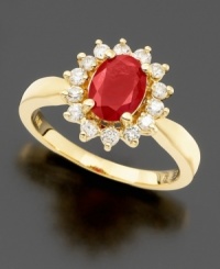 A glorious gift for the woman with a July birthday. This exquisite design from Royalty Inspired by Effy Collection presents a single, oval-cut ruby (1-3/8 ct. t.w.) prong-set and fully surrounded by dazzling round-cut diamonds (3/8 ct. t.w.). Crafted in polished 14k gold. A glorious gift for the woman with a July birthday. This exquisite design from Royalty Inspired by Effy Collection presents a single, oval-cut ruby (1-3/8 ct. t.w.) prong-set and fully surrounded by dazzling round-cut diamonds (3/8 ct. t.w.). Crafted in polished 14k gold.