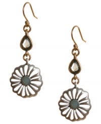 Embrace your inner flower child. Lucky Brand's hippie-chic drop earrings feature intricate cut-out flowers and plastic beaded teardrop details. Crafted in gold and silver tone mixed metal. Approximate drop: 2 inches. Embrace your inner flower child. Lucky Brand's hippie-chic drop earrings feature intricate cut-out flowers and plastic beaded teardrop details. Crafted in gold and silver tone mixed metal. Approximate drop: 2 inches.