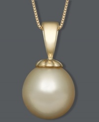 A single drop of polish. This elegant pendant features a golden cultured South Sea pearl (10-11 mm) suspended from a delicate 14k gold setting and chain. Approximate length: 18 inches. Approximate drop: 3/4 inch.