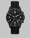 A signature design with timeless elements, set in stainless steel with tonal textures, a three-eye chronograph function and date display, stylishly finished with a smooth, silicone wrap bracelet.Chronograph movementRound bezelWater resistant to 5ATMDate display at 5 o'clock Second handStainless steel case: 46mm(1.81)Silicone wrap braceletImported