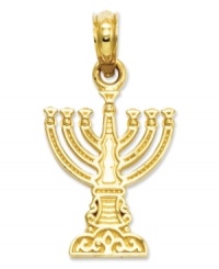 Cherish the memory of Hanukkah with this beautiful Menorah charm. Crafted in 14k gold. Chain not included. Approximate length: 8/10 inch. Approximate width: 1/2 inch.