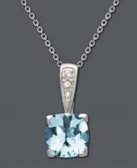Capture elegance in pale blue hues. Necklace features a round-cut aquamarine (1-3/4 ct. t.w.) with diamond accents at the bail. Crafted in 14k white gold. Approximate length: 18 inches. Approximate drop: 3/4 inch. Capture elegance in pale blue hues. Necklace features a round-cut aquamarine (1-3/4 ct. t.w.) with diamond accents at the bail. Crafted in 14k white gold. Approximate length: 18 inches. Approximate drop: 3/4 inch.