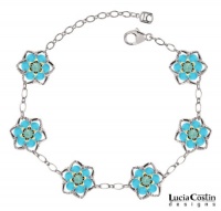 European Style Bracelet by Lucia Costin with Mint Blue, Turquoise Swarovski Crystals, Twisted Lines and Star Shaped Middle Flowers; .925 Sterling Silver with 24K Yellow Gold over .925 Sterling Silver; Handmade in USA European Style Bracelet by Lucia Costin with Mint Blue, Turquoise Swarovski Crystals, Twisted Lines and Star Shaped Middle Flowers; .925 Sterling Silver with 24K Yellow Gold over .925 Sterling Silver; Handmade in USA