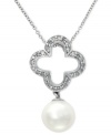 Opulent and ornate with good luck charm to spare, EFFY Collection's cut-out clover pendant shines with round-cut diamond edges (1/4 ct. t.w.) and a cultured freshwater pearl drop (8 mm). Set in 14k white gold. Approximate length: 18 inches. Approximate drop: 1-1/3 inches.