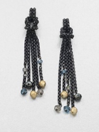 From the Chain Collection. A long elegant, blackened sterling silver box chain tassel with 18k gold, blue topaz and hematite bead details. 18k goldBlue topaz and hematiteBlackened sterling silverLength, about 1Post backImported From the Chain Collection. A long elegant, blackened sterling silver box chain tassel with 18k gold, blue topaz and hematite bead details. 18k goldBlue topaz and hematiteBlackened sterling silverLength, about 1Post backImported
