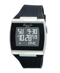Innovative technology and avant-garde style unite in this ultra-modern watch by Kenneth Cole New York. Black rubber strap and square stainless steel case. Touch screen digital display dial features time, date display, stopwatch and backlight. Quartz movement. Water resistant to 30 meters. Limited lifetime warranty. Innovative technology and avant-garde style unite in this ultra-modern watch by Kenneth Cole New York. Black rubber strap and square stainless steel case. Touch screen digital display dial features time, date display, stopwatch and backlight. Quartz movement. Water resistant to 30 meters. Limited lifetime warranty.