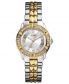 Captivating in two-tones, this steel watch from GUESS sparkles with crystal accents.