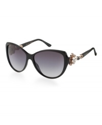 The Mediterranean flower sunglasses are as timeless and sophisticated as BVLGARI exquisite jewelry. Reflections of luxuriant petals, this cat eye style in black has grey, gradient lenses and features elegant Swarovski crystals at the temples.