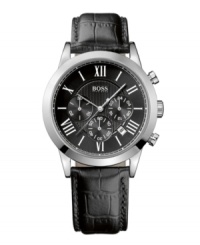 The modern man's must-have accessory. Watch by Hugo Boss crafted of black croc-embossed leather strap and round stainless steel case. Textured black chronograph dial features silver tone Roman numerals, date window, three subdials, luminous hands and logo. Quartz movement. Water resistant to 30 meters. Two-year limited warranty. The modern man's must-have accessory. Watch by Hugo Boss crafted of black croc-embossed leather strap and round stainless steel case. Textured black chronograph dial features silver tone Roman numerals, date window, three subdials, luminous hands and logo. Quartz movement. Water resistant to 30 meters. Two-year limited warranty.