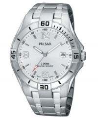 Go for gold with this sleek silvertone sport watch by Pulsar. Stainless steel bracelet and round case. Silvertone dial with tonal stick indices, logo, date window and numerals at six o'clock, nine o'clock and twelve o'clock. Quartz analog movement. Water resistant to 100 meters. Three-year limited warranty. Go for gold with this sleek silvertone sport watch by Pulsar. Stainless steel bracelet and round case. Silvertone dial with tonal stick indices, logo, date window and numerals at six o'clock, nine o'clock and twelve o'clock. Quartz analog movement. Water resistant to 100 meters. Three-year limited warranty.