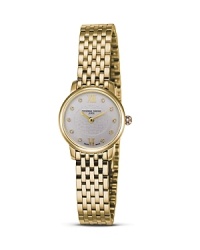 The sleek Slim Line watch features a 18K gold-plated stainless steel case with a thickness of only 1.90mm. Guilloché-engraved dial with diamond markers; applied Roman numeral markers at 12 and 6 o'clock. By Frédérique Constant. The sleek Slim Line watch features a 18K gold-plated stainless steel case with a thickness of only 1.90mm. Guilloché-engraved dial with diamond markers; applied Roman numeral markers at 12 and 6 o'clock. By Frédérique Constant.