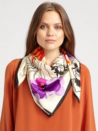 A pretty, floral design in luxurious silk with a finished edge. SilkAbout 36 X 36Dry cleanImported A pretty, floral design in luxurious silk with a finished edge. SilkAbout 36 X 36Dry cleanImported