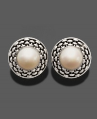 Luminous cultured freshwater pearls (10-1/2-11 mm) shine at the center of these braided sterling silver button earrings by Fresh by Honora. Approximate diameter: 3/4 inch. Luminous cultured freshwater pearls (10-1/2-11 mm) shine at the center of these braided sterling silver button earrings by Fresh by Honora. Approximate diameter: 3/4 inch.