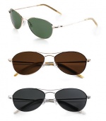 A modern rendition of the classic, in gold with emerald lens, gold with Java lens, or silver with midnight lens.High-quality metal frame Polarized lenses for enhanced visibility 100% UV protection 6 base lens curve Silicone nose pads and temple tips Imported