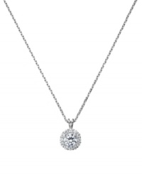 Glam it up with luxe accessories by CRISLU. This stunning, yet subtle, drop pendant features a round-cut cubic zirconia surrounded by a ring of smaller round-cut cubic zirconias (1-1/2 ct. t.w.) for maximum shine. Set in platinum-plated sterling silver.