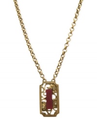 Paint the town red with this pendant necklace from T Tahari. The necklace, part of the Deco Lace Collection, is crafted from gold-tone mixed metal with the pendant featuring a Bordeaux-colored stone for a vibrant touch. Glass crystals add luster. Approximate length: 18 inches + 3-inch extender. Approximate drop: 1-1/2 inches. Paint the town red with this pendant necklace from T Tahari. The necklace, part of the Deco Lace Collection, is crafted from gold-tone mixed metal with the pendant featuring a Bordeaux-colored stone for a vibrant touch. Glass crystals add luster. Approximate length: 18 inches + 3-inch extender. Approximate drop: 1-1/2 inches.