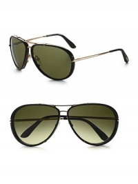 Classic aviator style with a resin frame and goldtone temples. Gradient brown lenses 100% UV protective Made in Italy Classic aviator style with a resin frame and goldtone temples. Gradient brown lenses 100% UV protective Made in Italy