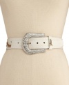 Viva GUESS glam! This fabulous metallic leather belt flaunts rhinestone and embossed detail for non-stop fashion.