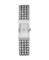 Tell time with rows of shine, thanks to this brilliant DKNY watch. Bracelet crafted from four rows of crystal set in stainless steel and rectangular case. Silvertone dial features silvertone hands, stick indices and logo. Quartz movement. Water resistant to 30 meters. Two-year limited warranty.