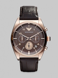 Croc-embossed leather bracelet is crafted with a textured dial, rose gold accents and chronograph functionality.Round bezelQuartz movementThree-eye chronograph functionalityDate functionWater resistant to 5ATMStainless steel case, 43mm(1.69)Croco leather bandSecond handImported Croc-embossed leather bracelet is crafted with a textured dial, rose gold accents and chronograph functionality.Round bezelQuartz movementThree-eye chronograph functionalityDate functionWater resistant to 5ATMStainless steel case, 43mm(1.69)Croco leather bandSecond handImported